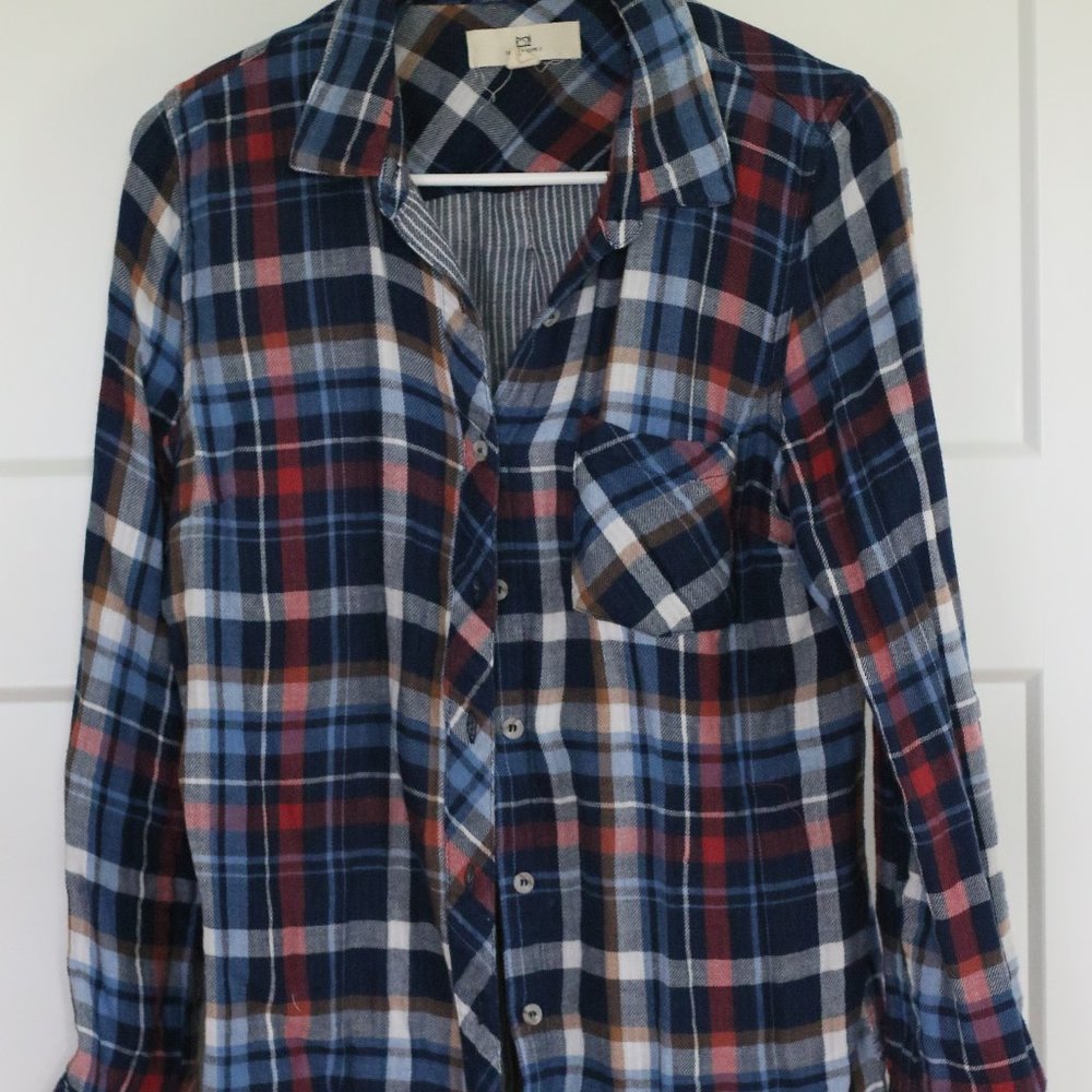 navy, red and white plaid top